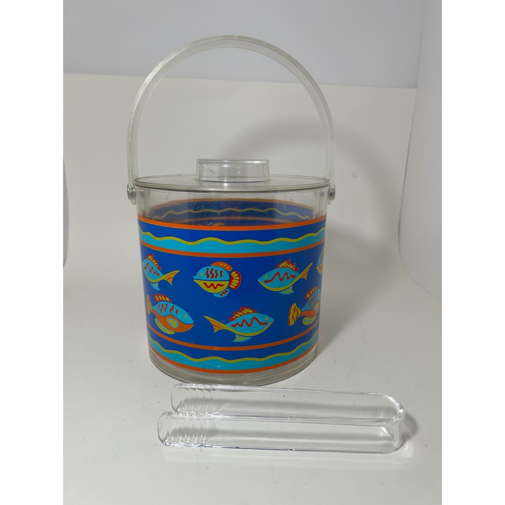 Vintage Acrylic Tropical Fish Ice Bucket with Lid and Tongs Blue Coastal Barware